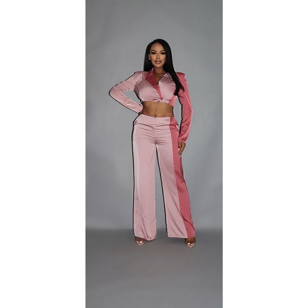 Colorblock Crop Blazer With Matching Low Rise Wide Leg Pant Set With Pockets - Picture 2 of 4
